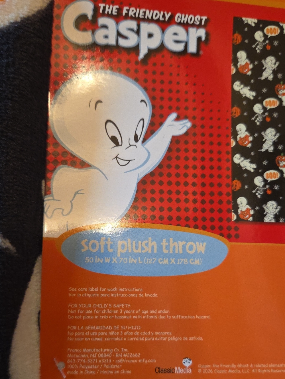 Casper Halloween Plush Throw Blanket - Black with Orange & White Casper Prints - Picture 2 of 2